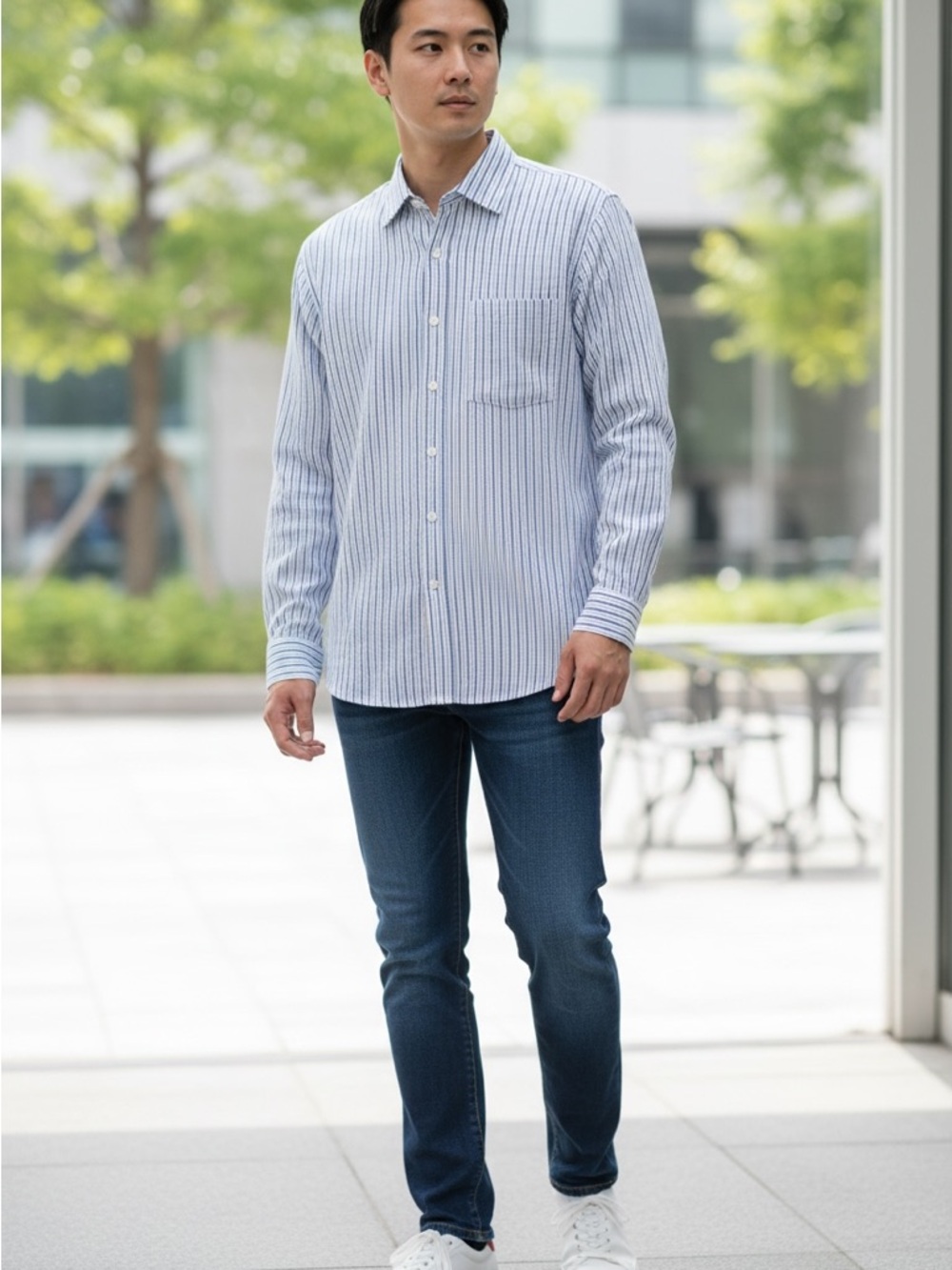 Michael Kors Blue and White Stripe Casual Button-Down Shirt